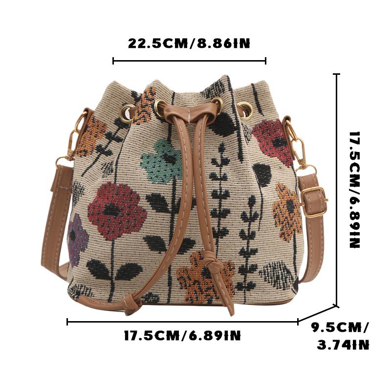 1Pc Women's Floral Ethnic Style Linen Fabric Bucket Bag Crossbody Shoulder Handbag Luxury Designer Fashion Accessories