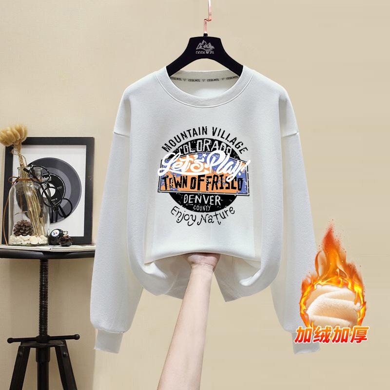 Factory wholesale pure cotton sweater women's new winter velvet thickened round neck loose letter t-shirt