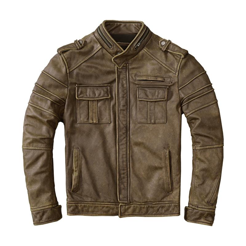 Vintage Genuine Leather Jacket Men Short Distressed Biker Coat Pure Cowhide Motorcycle Jacket Autumn Winter