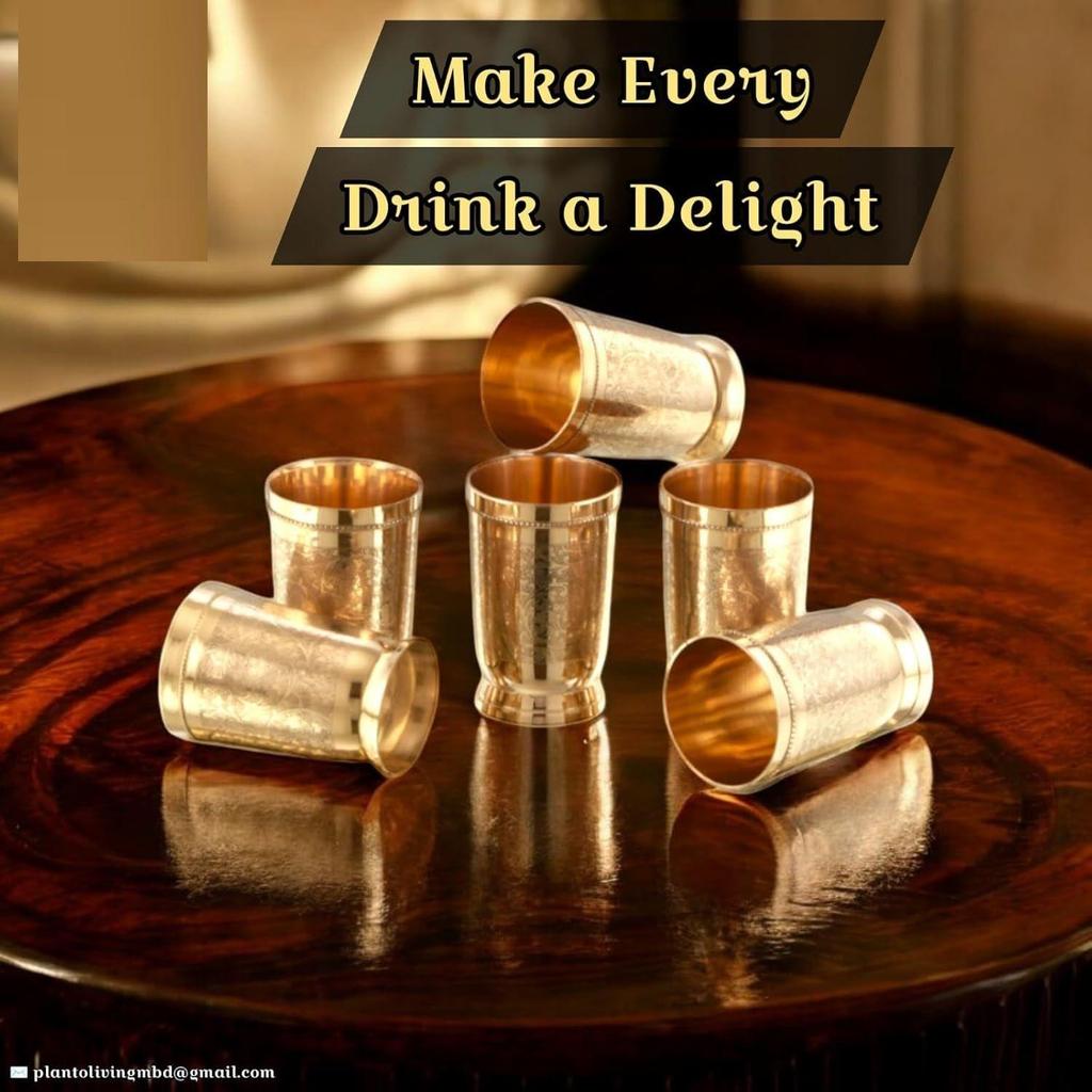 Sklenice/Pohár z čisté mosazi s embosovaným designem pro pití s mnoha zdravotními benefity, Objem-250ML Každý (Sada 6)