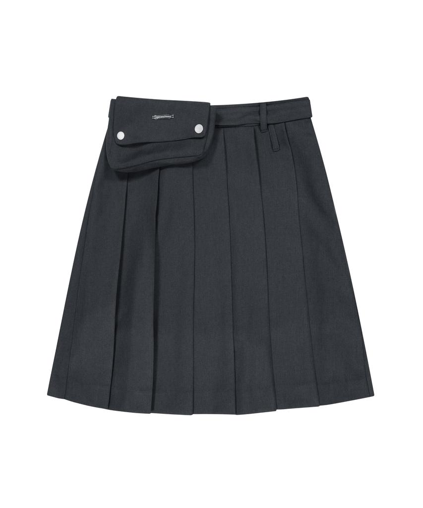 Iuga Makaras Belted Bag Pleats Midi Skirt (Dark Gray)