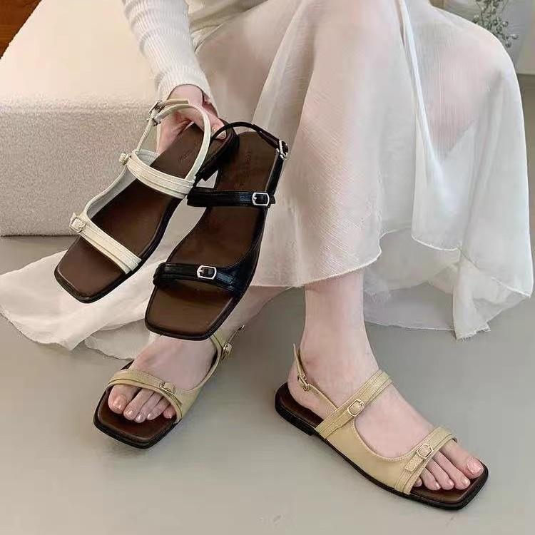 Leather sandals design sense one word temperament with Roman soft sole vacation seaside versatile shoes women's flat sandals French