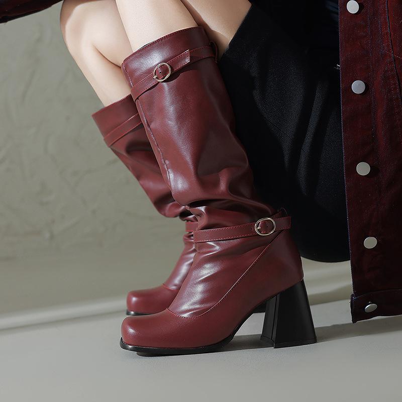 Square Head Women'S Boots Belt Buckle High Boots Thick High Heel Boots 40-44 Large Size Boots
