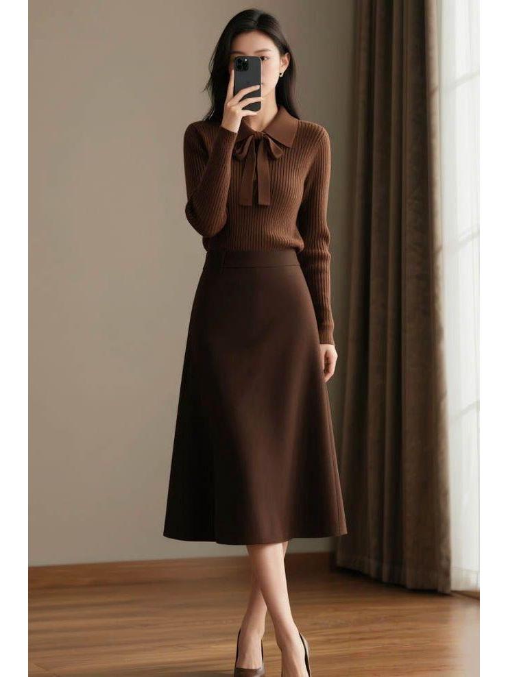 Women's French Style Bow Top and Skirt Two-Piece Winter Set