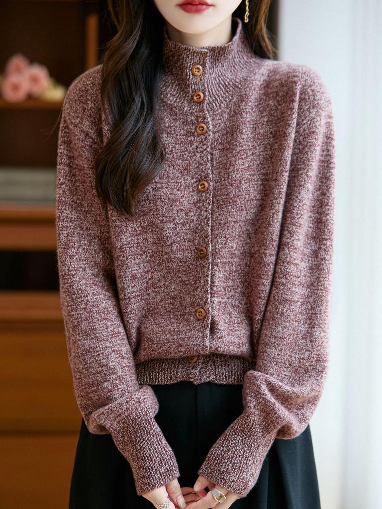 Women's Thickened Pure Wool Knit Cardigan - Autumn/Winter Half-High Collar, Versatile Lazy Style Sweater