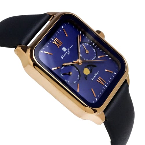 Salvatore Marra Men's Square Moon Phase Watch with Multi-Calendar, Water Resistant, Leather Strap, Limited Edition, Pink Gold and Blue, SM24112-PGBLLE