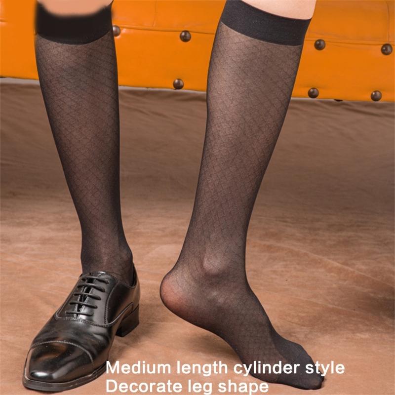 Elegant Mens Sheer Diamond Pattern Dress Socks See Through Nylon Business Formal Wear Thin Long Tube Over the Calf Socks