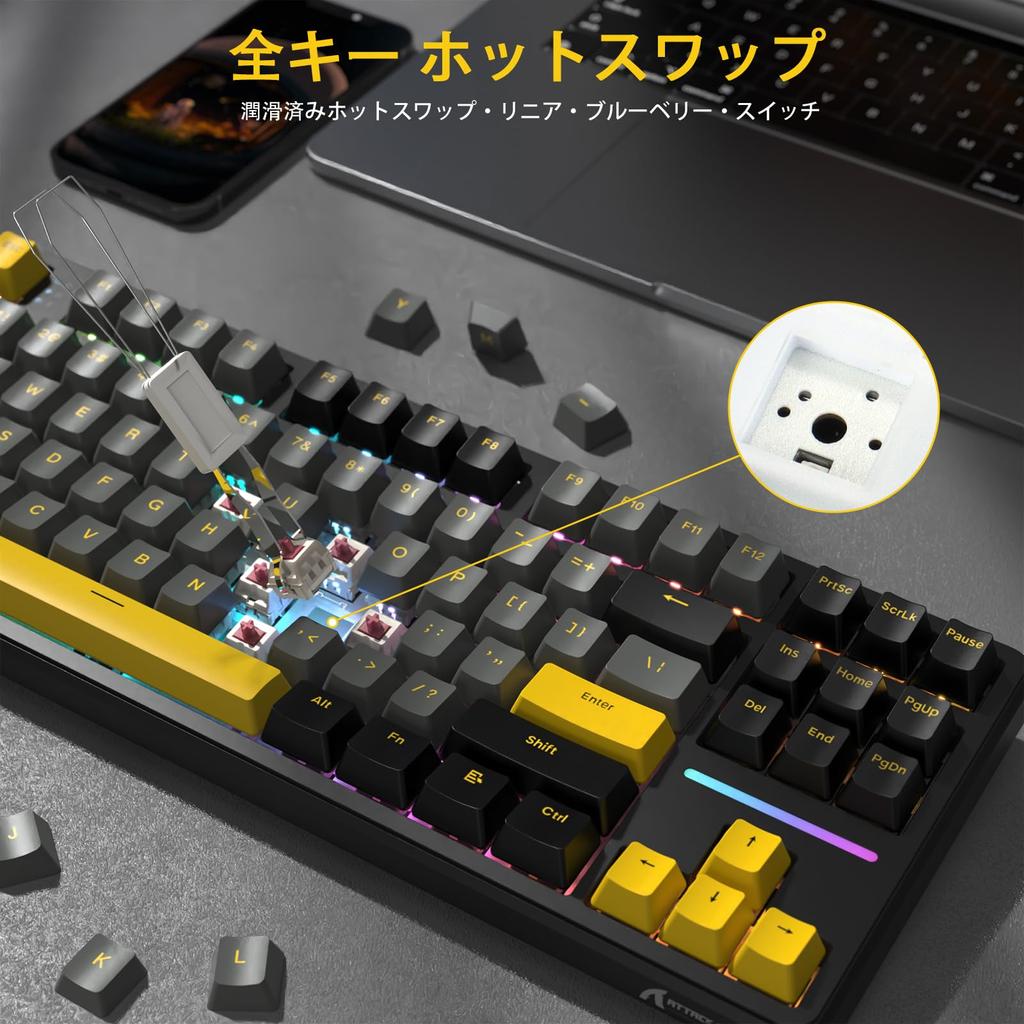 Klawiatura gamingowa ATTACK SHARK x MAMBASNAKE X87 z uszczelką Blueberry, liniowa PBT OEM, bezprzewodowa z 3 połączeniami, TFT RGB 87 PCB, japońska instrukcja obsługi