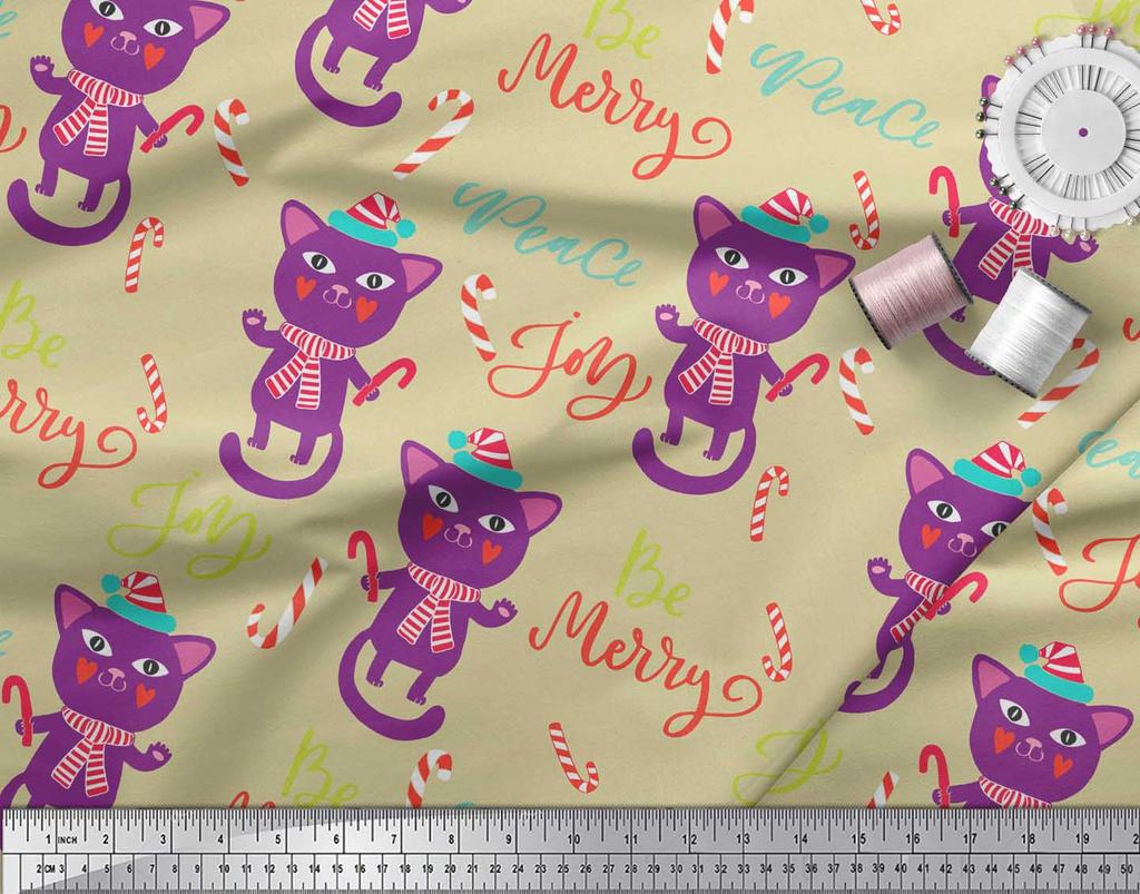Soimoi Beige Japan Crepe Satin Fabric Text & Cat Kids Print Sewing Fabric metre 42 Inch