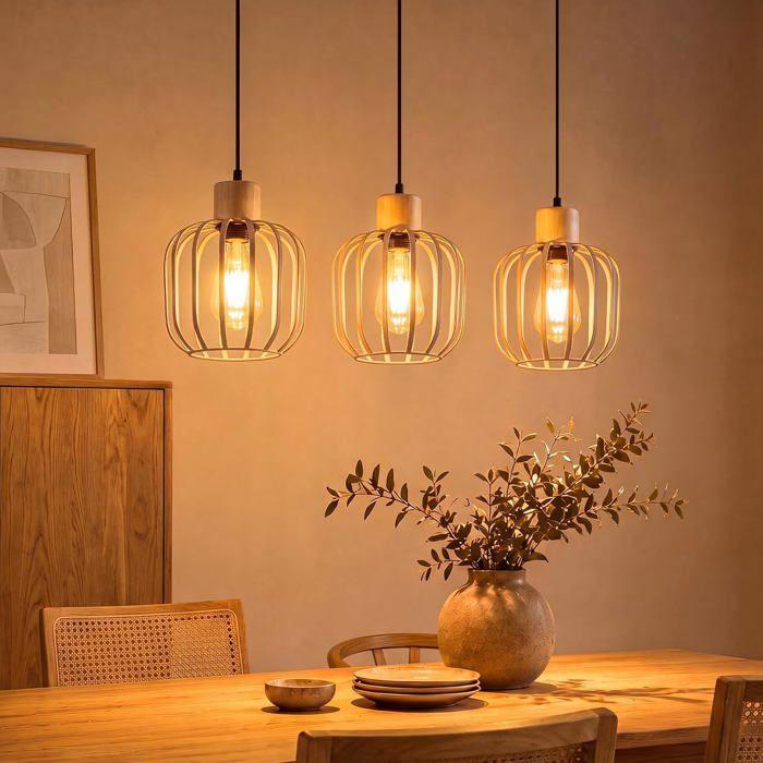 NETTLIFE Lustre - Trois lumières style moderne E27 bois gris abat-jour ajouré ampoule non incluse