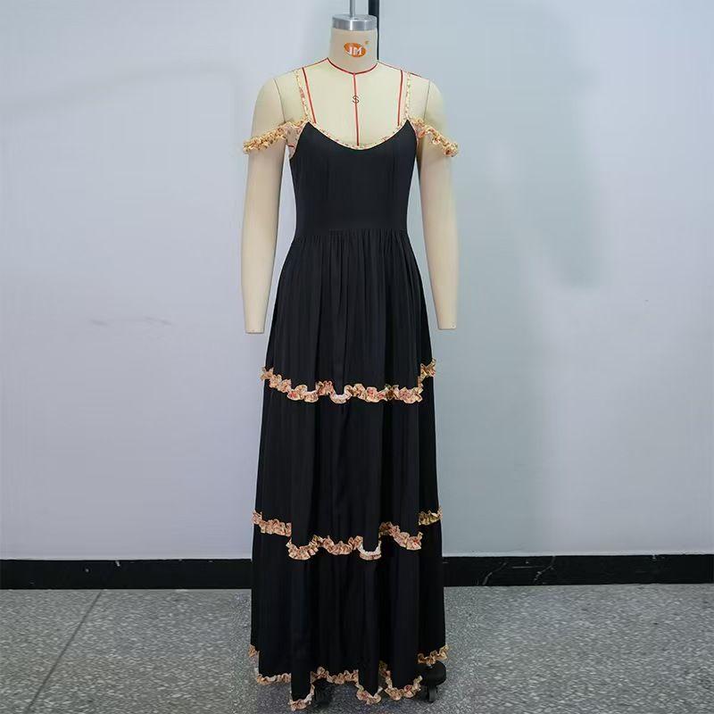 

Fashion New Patchwork Sexy Backless Spaghetti Straps Dress Splicing Suspension Sexy Dress Black XL