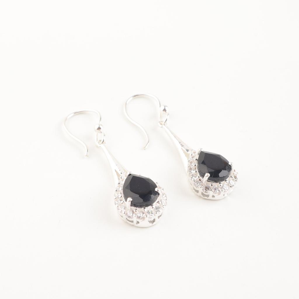 Natural Black Onyx Gemstone 925 Solid Silver Jewelry Zircon Long Earrings 1.86" CZE-7-17