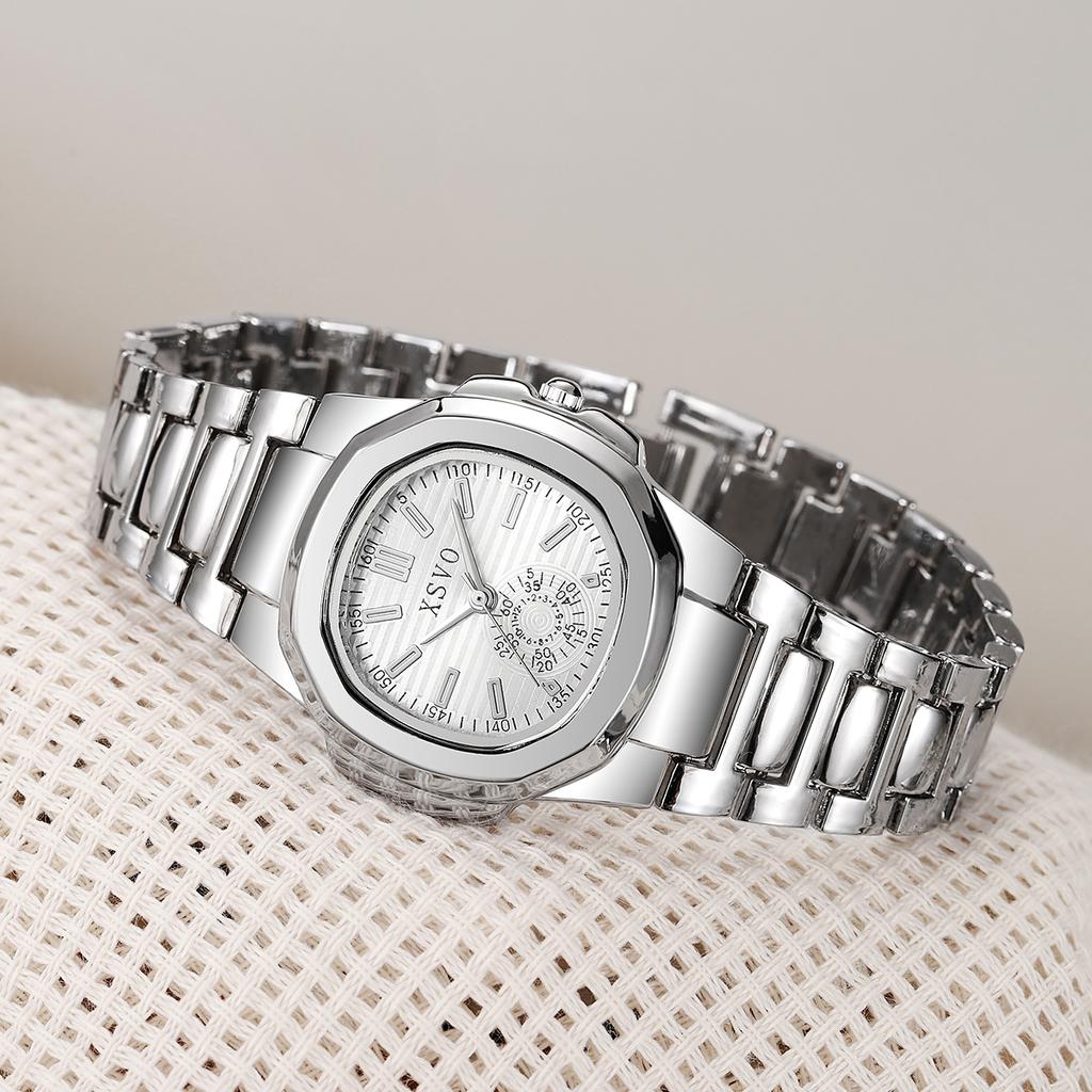 No Gift Box Classic Elegant Square Dial Calendar Wrist Quartz Watch   Pearl Bracelet 5 Piece Set