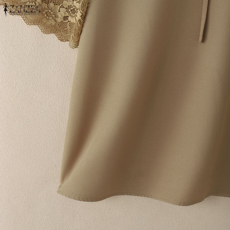 ZANZEA Women Casual Round Neck Lace Splice Short Sleeve Blouse