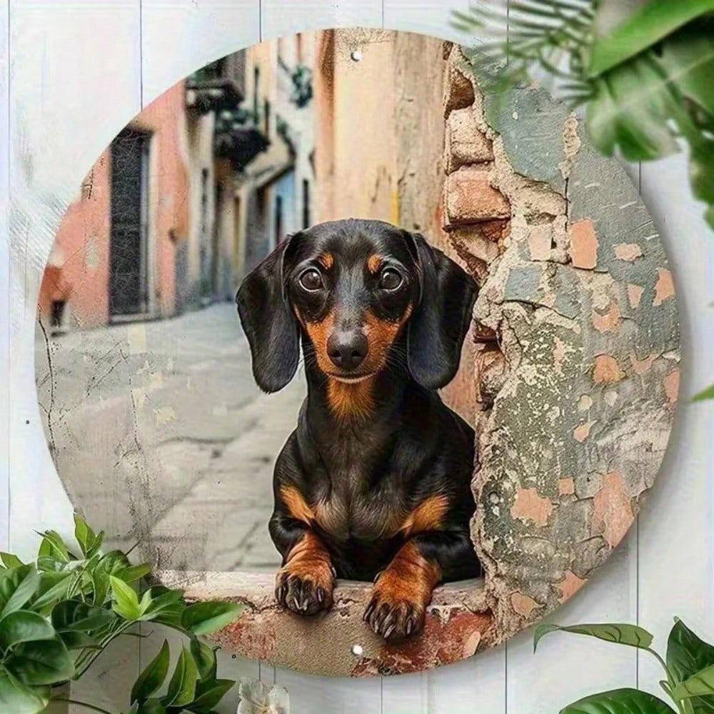 Tikita Dachshund Metal Wall Art 8x8 Inch Round Rustic Dog Sign UV Resistant Home Decor