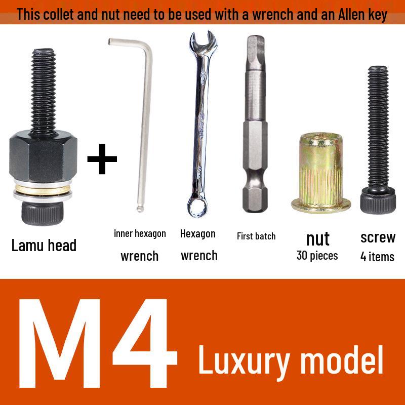 Multi-Purpose Electric Rivet Tool with Manual Wrench and Nut Head Attachment