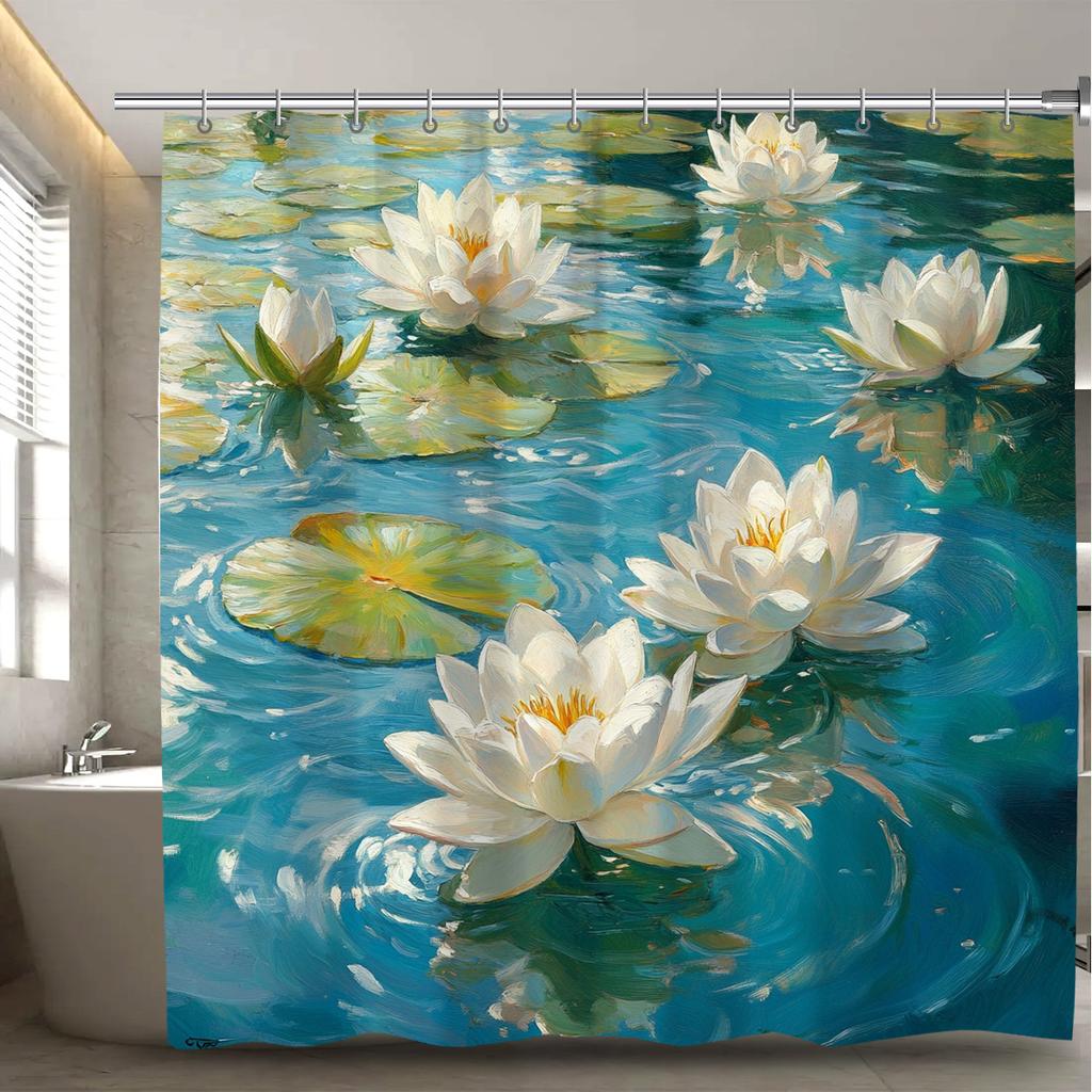 1 piece Secret Pond Lotus Print Shower Curtain, Waterproof Polyester Fabric with Hook, Machine Washable, Stain Resistant