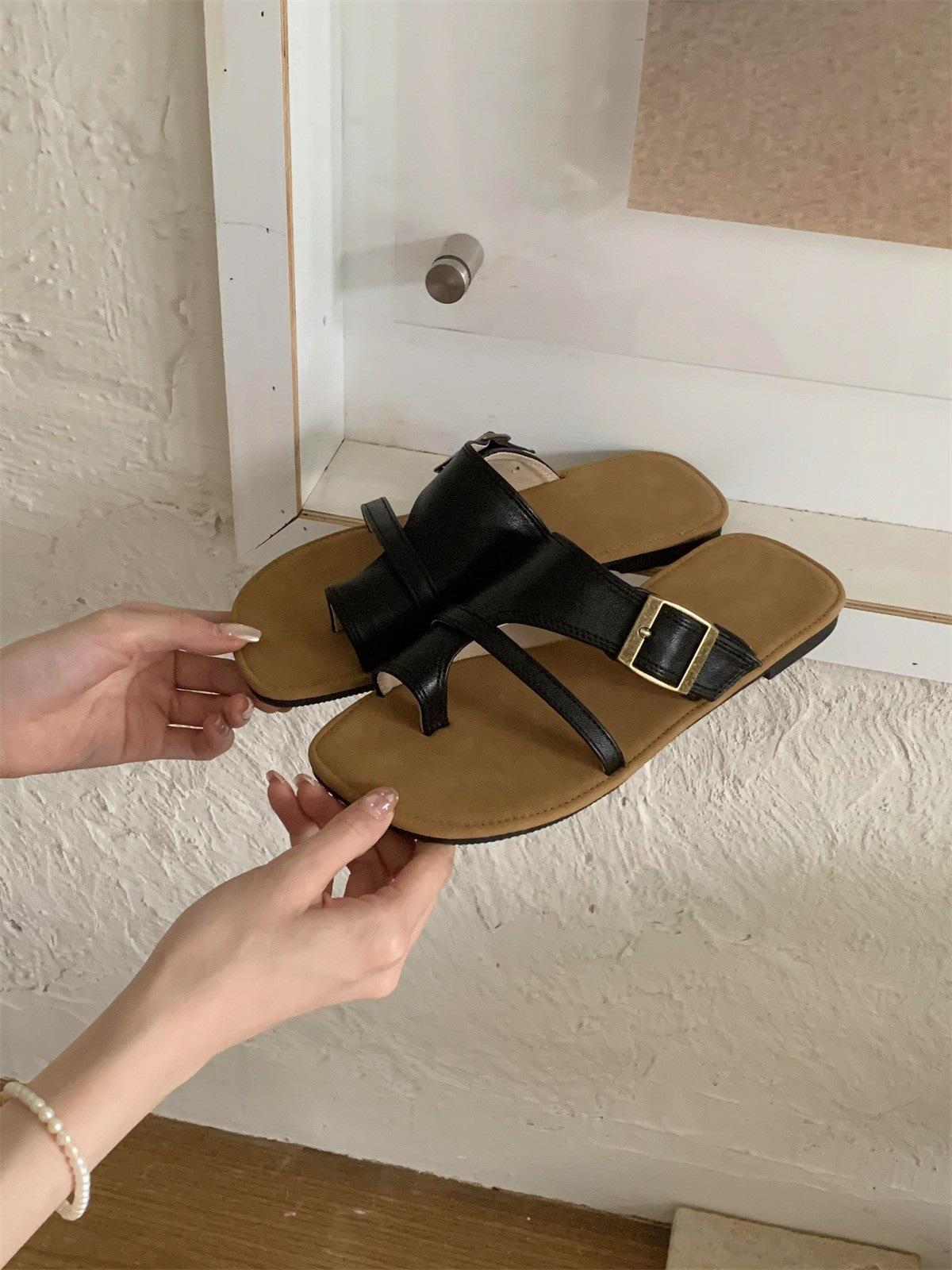 

Сандалии с плоской подошвой и ретро носком, шлепанцы на одно слово, женская мода, уличная обувь, пляжные сандалии с мягкой подошвой 35 чёрный