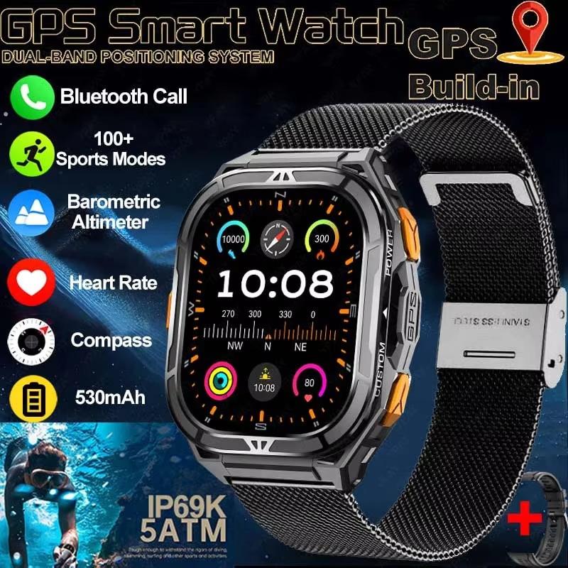New GPS Track Smart Watch Men 5ATM Waterproof 1.96" Always Display Compass Heart Rate 530mAh Battery BT Call Smartwatch