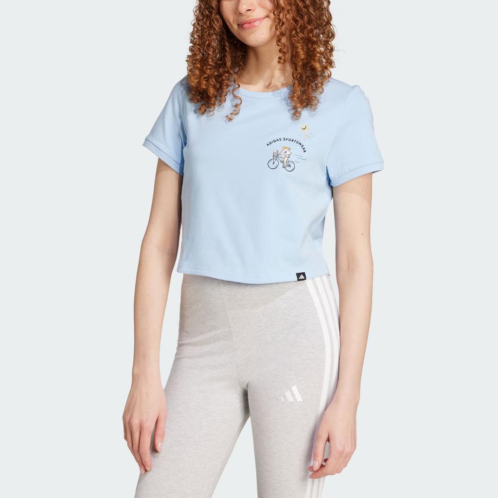 Adidas Sportswear Codes Doodle Graphic Crop Pullover Simple Casual Short Sleeve T-Shirt Women Tops Bright-Blue JX5326
