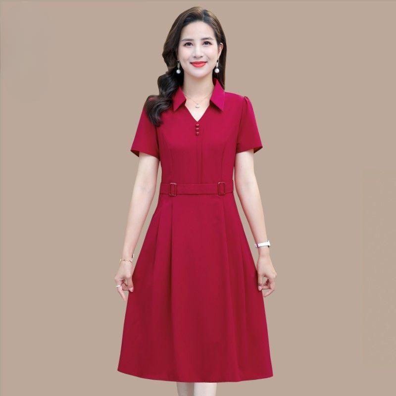 

Модное летнее платье для женщин среднего возраста, дышащее, с коротким рукавом, облегающее, элегантный стиль XL винный