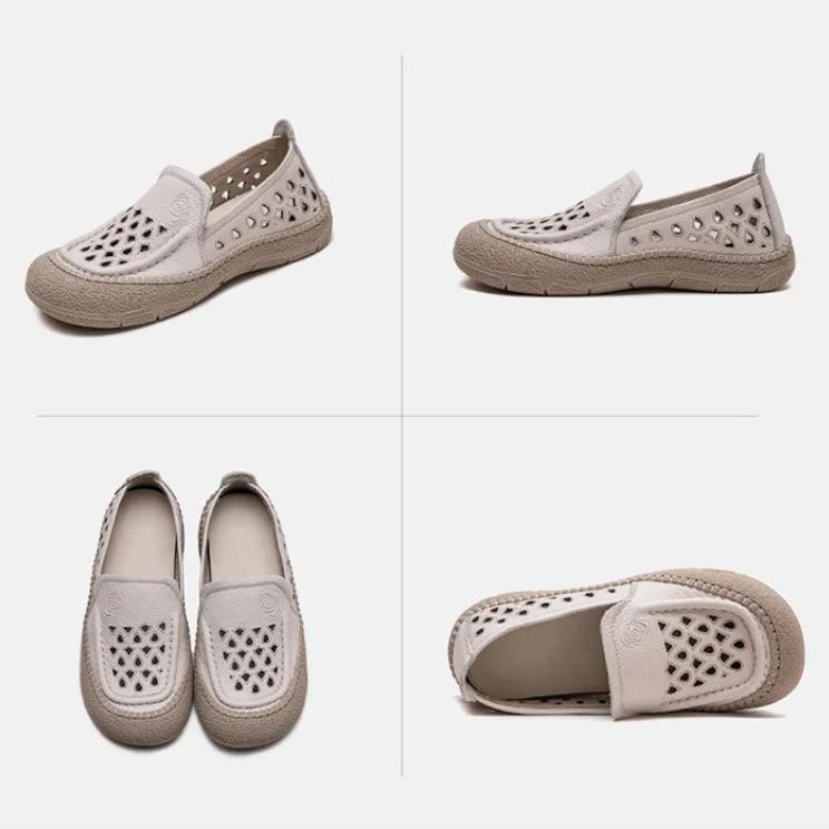 Johnature Hollow-out Breathable Flats Genuine Leather Comfortable Loafers Retro Versatile Women's Shoes