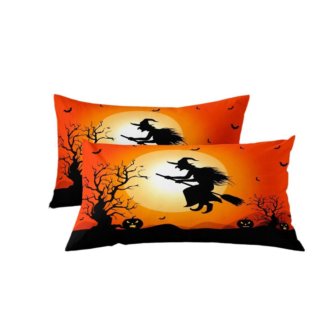 Halloween Digital Printing Bedding Feather Silk Cotton Quilt Night Sky Pumpkin Head Quilt Cover Three-piece Set
