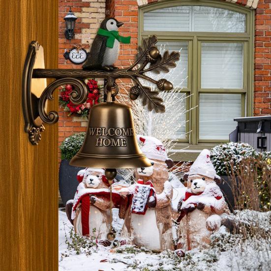 Christmas Welcome Home Bell Wall Mounted Rustic Metal Doorbell Vintage Santa Reindeer Snowman Penguin Hanging Dinner Bell for Front Door Yard