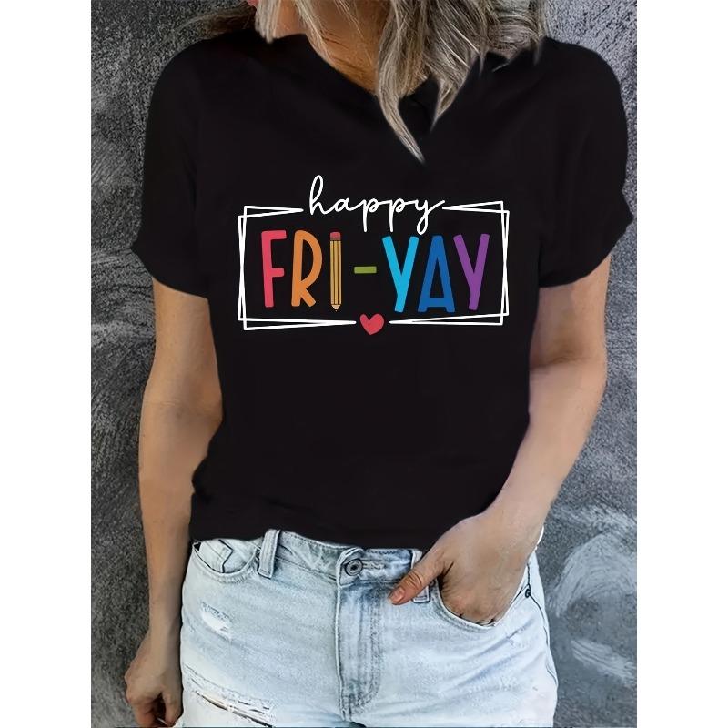 

Women s Happy Fri-Yay Graphic Tee Crew Neck Short Sleeve Colorful Letter Heart Print Lightweight Polyester Spring Summer Casual T-Shirt S чёрный