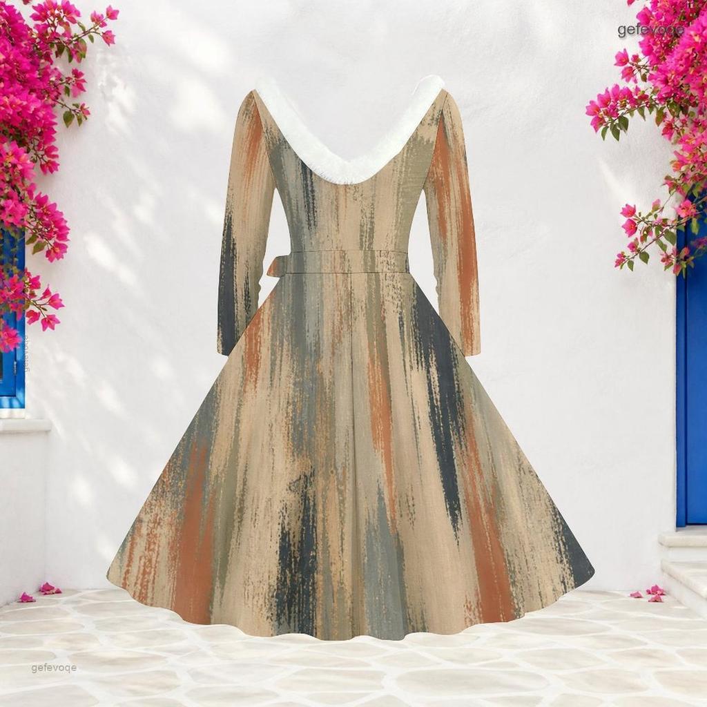 Women Plus Size V Neck Furry Trim Long Sleeve Belted Abstract Print A Line Midi Dress