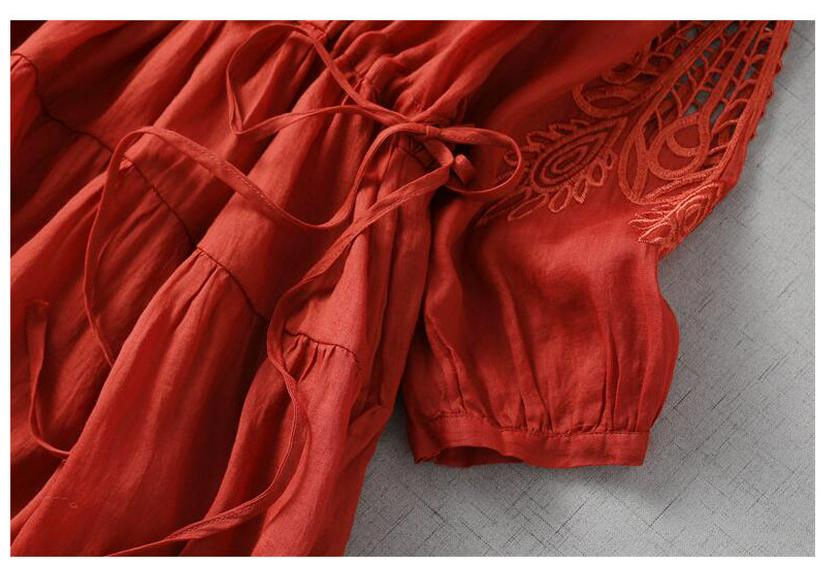 2023 Summer Retro Women's Plus Size Cotton Linen Dress with Hollow Design and Loose Waist