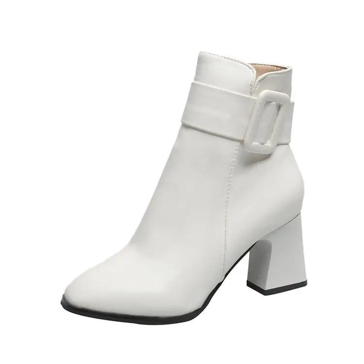 White Black Thick High Heel Ankle Boots Women 2026 Pointed Toe Keep Warm Elegant Short Booties Ladies Ankle Buckle Decoration