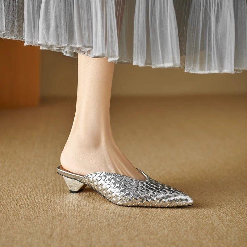 Shoes for Women Gold Slides with Heel Woman Mules Slippers Pointed Toe Shoe Original Elegant and Fashionable Low Price Sandals