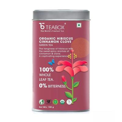 Zelený čaj s ibiškem, hřebíčkem a skořicí (100 g), Bio ibišek, skořice, hřebíček zelený čaj, čajová krabička