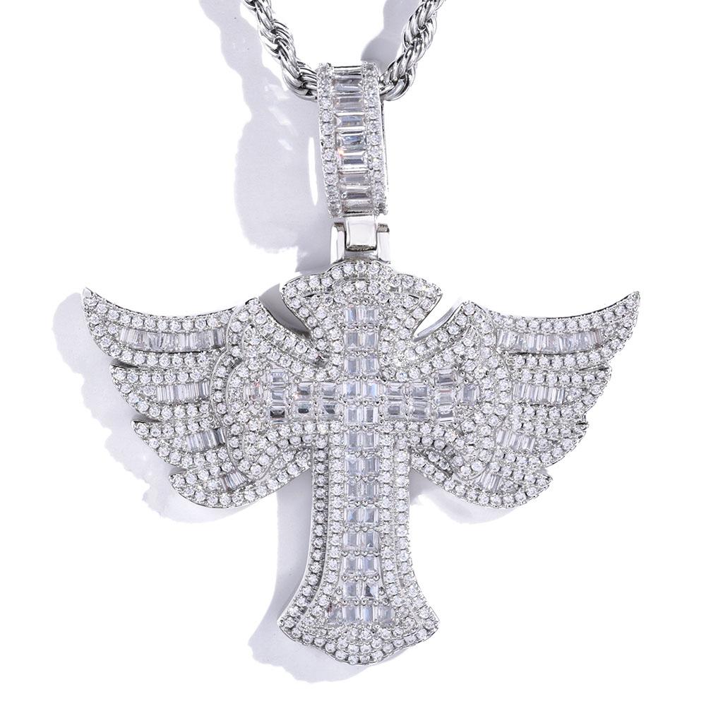 Hip Hop Voller Diamant 18 Karat vergoldet Flügel Engel Kreuz Anhänger Herren CZ Halskette Charm Schmuck Party Geschenk Mit Kette W6640WW-Silver Color