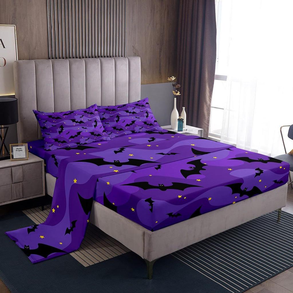Halloween Bat Pattern Bed Hat Four-Piece Bedding Set Bedroom Dormitory Bedding Decoration