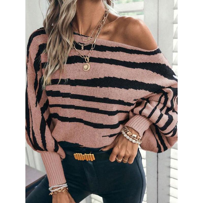 New Fall Winter Women Fashion Sweater Loose Style Slash Collar Batwing Sleeve Zebra Color Block Pullover Jumper Knitwear