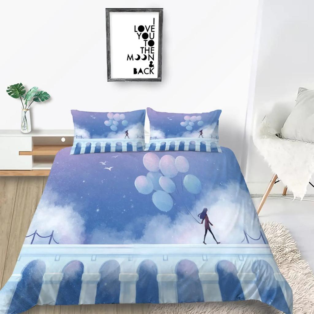 Watercolor Duvet Cover Hand Painted Style Floating Air Balloons Clouds Print Decorative Bedding Collection Blue Pink Coral Children