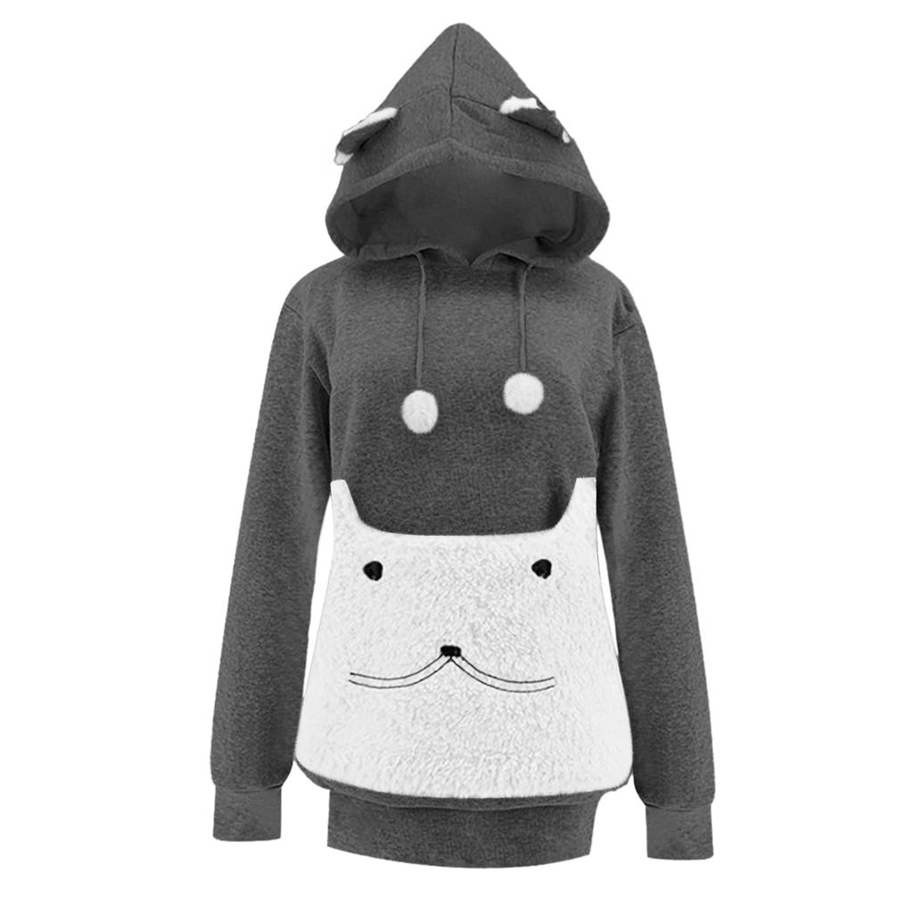 Women's Fashion Casual Top Solid Color Long Sleeve Pet Pocket Hoodie Sweatshirt