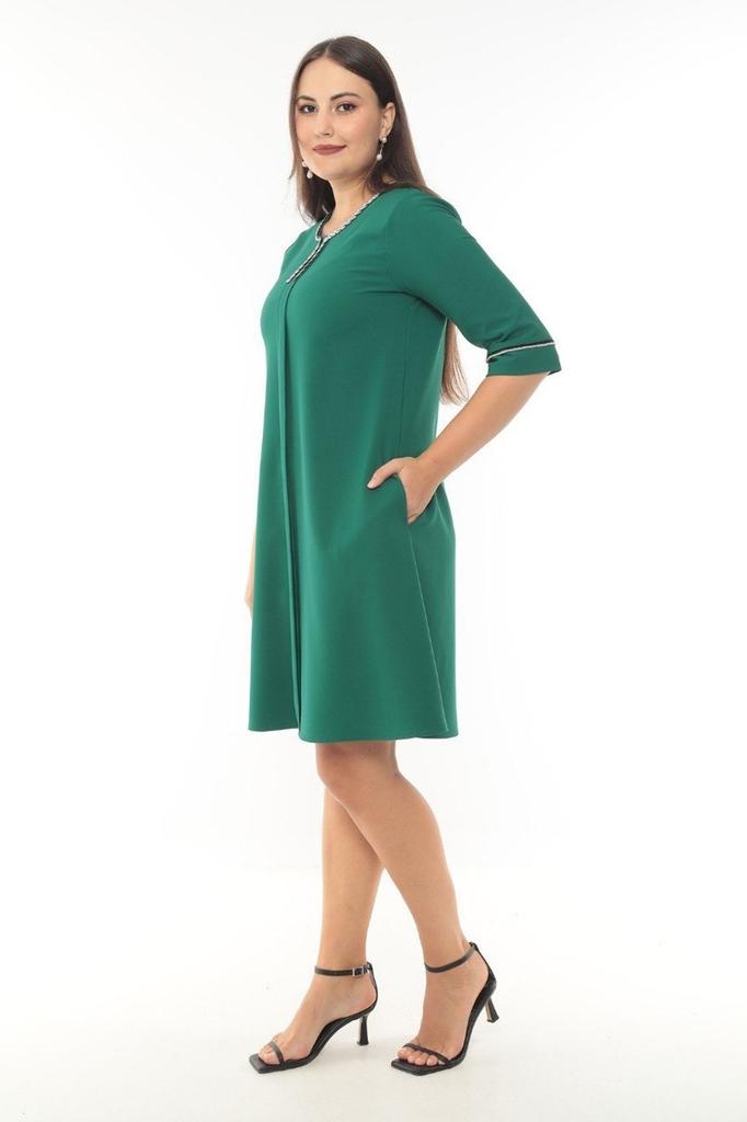 Women's Big Size Dress Plus Size Dress with Collar and Sleeve Stone Accessory Detail