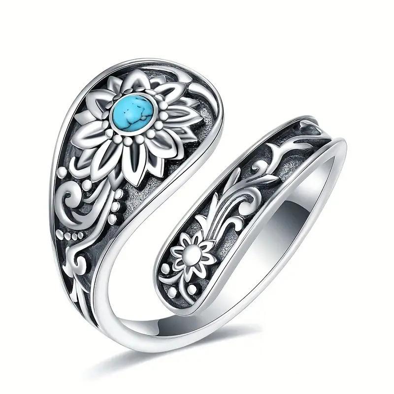 Vintage Silver Color Rings for Women Trendy Inlaid with Blue Stone Sunflower Round Personalized Creativity Party Rings Jewelry