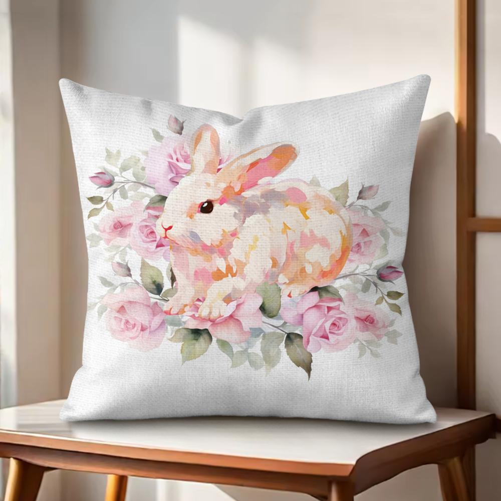 Cute Easter Bunny Cushion Cover Natural Linen Organic Fabric DoubleSided Printing Couch Pillow Covers Home Decor