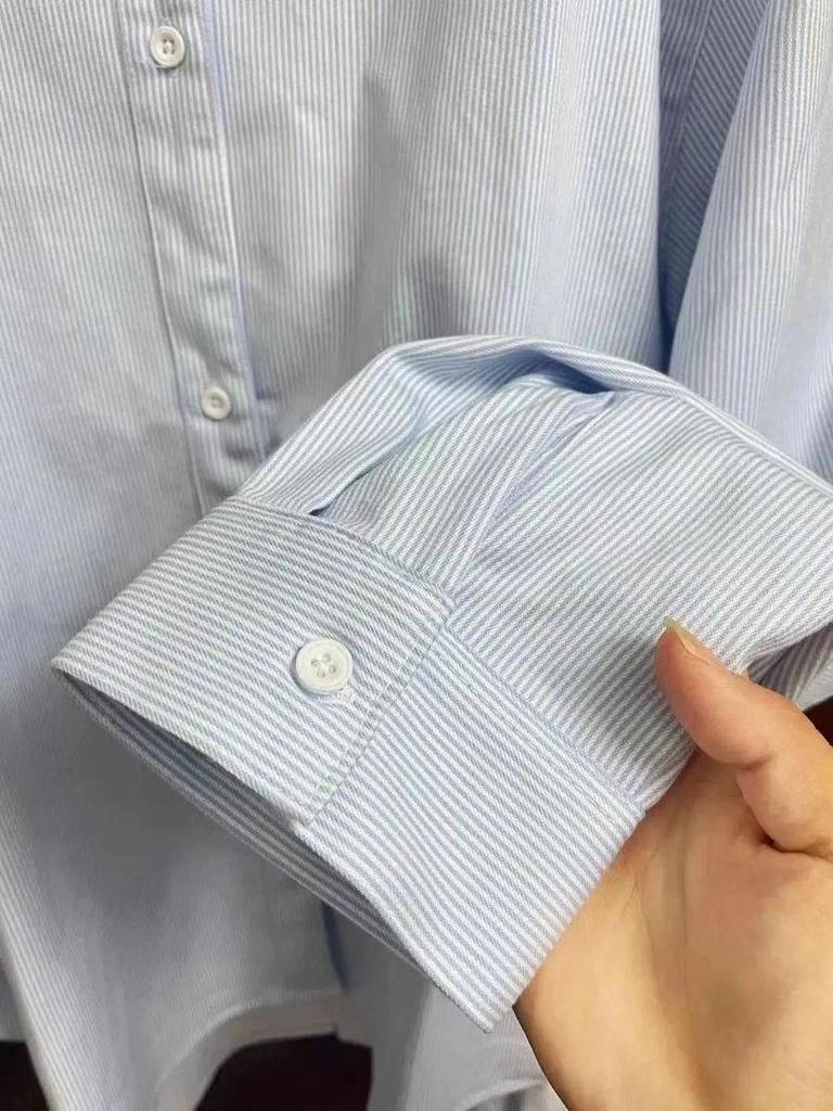 Women's Blue Striped Long Sleeve Loose Shirt Jacket - Versatile Korean Style for Spring and Autumn