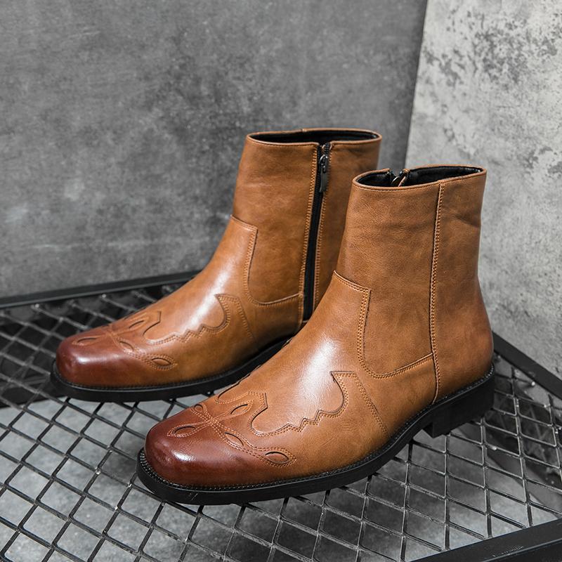 High Quality Casual Leather Boots Men Western Cowboy Leather Shoes Male Fashion Men's High Top British Outdoor Boots Shoes Male