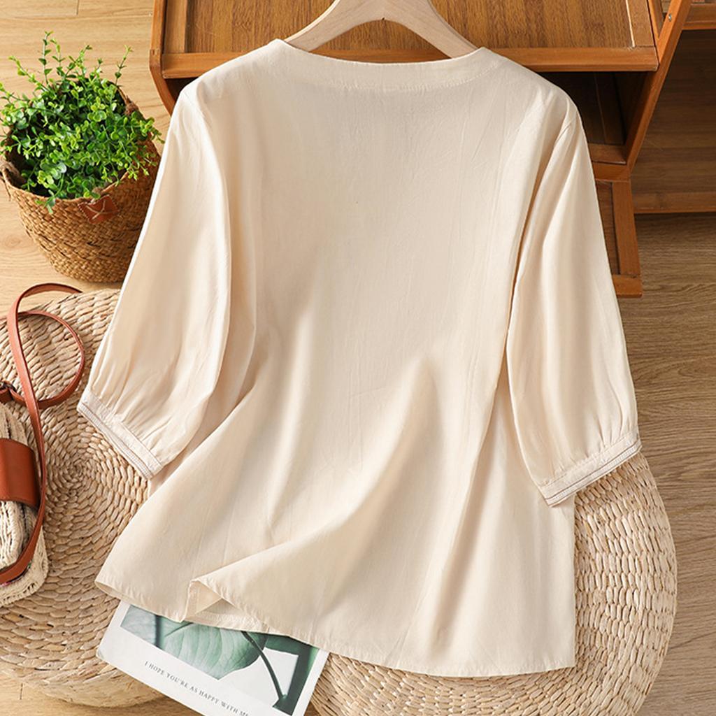 Hauts pour femmes en coton et lin Hauts Rétro à Boutons Chinois Manches 3/4 Col en V Chemises