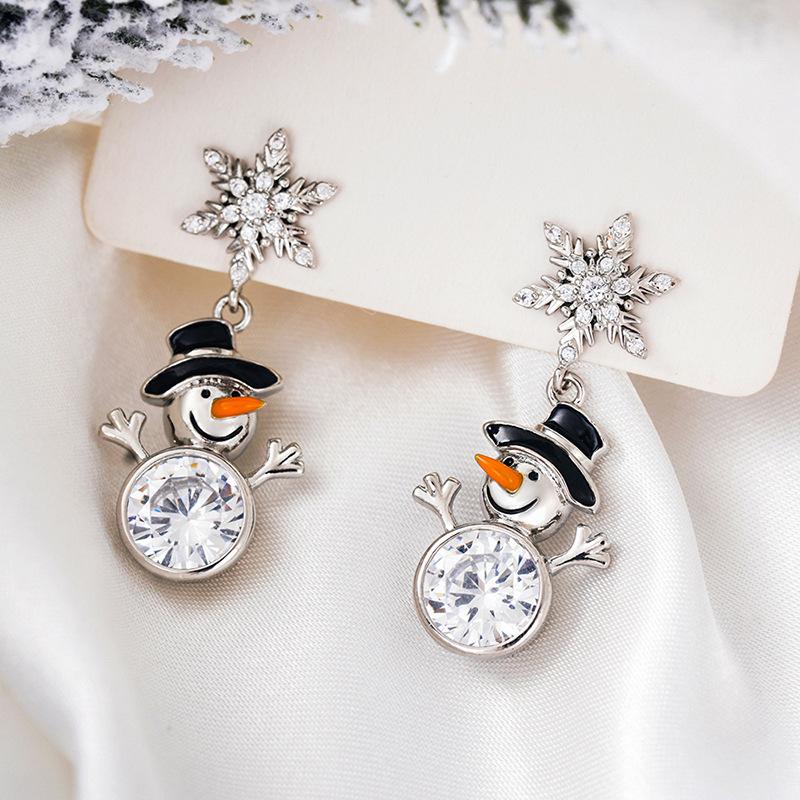 Christmas Snowman Snowflake Earrings Female, Romantic Christmas Wind Festive Atmosphere, Micro Inlay