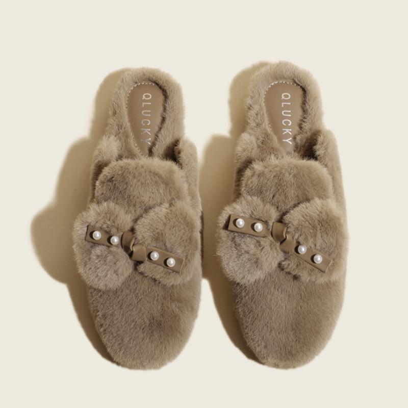 

Женские пушистые тапочки с бантом и бусинами, меховые короткие плюшевые дизайнерские хлопковые мюли, тренд 2025 года, зимние повседневные теплые домашние зимние ботинки Mujer 40 хаки