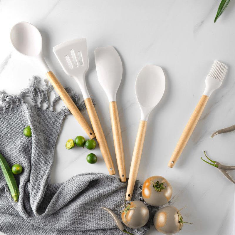 Ensemble d'ustensiles de cuisine en Silicone, ustensiles de cuisine antiadhésifs, spatule, pelle, batteurs d'œufs, manche en bois, ensemble d'outils de cuisine
