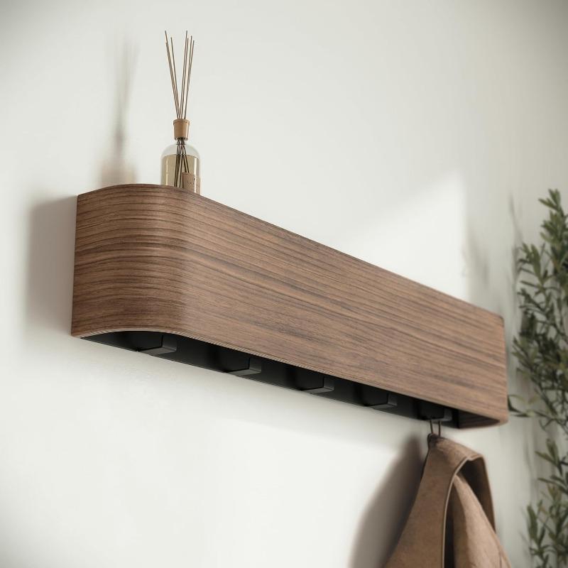 Wall Mounted Coat Rack, Modern Design Coat Rack with Hidden Wall Hooks - Solid Wood Veneer Panel Coat Hanger Walnut,1pc