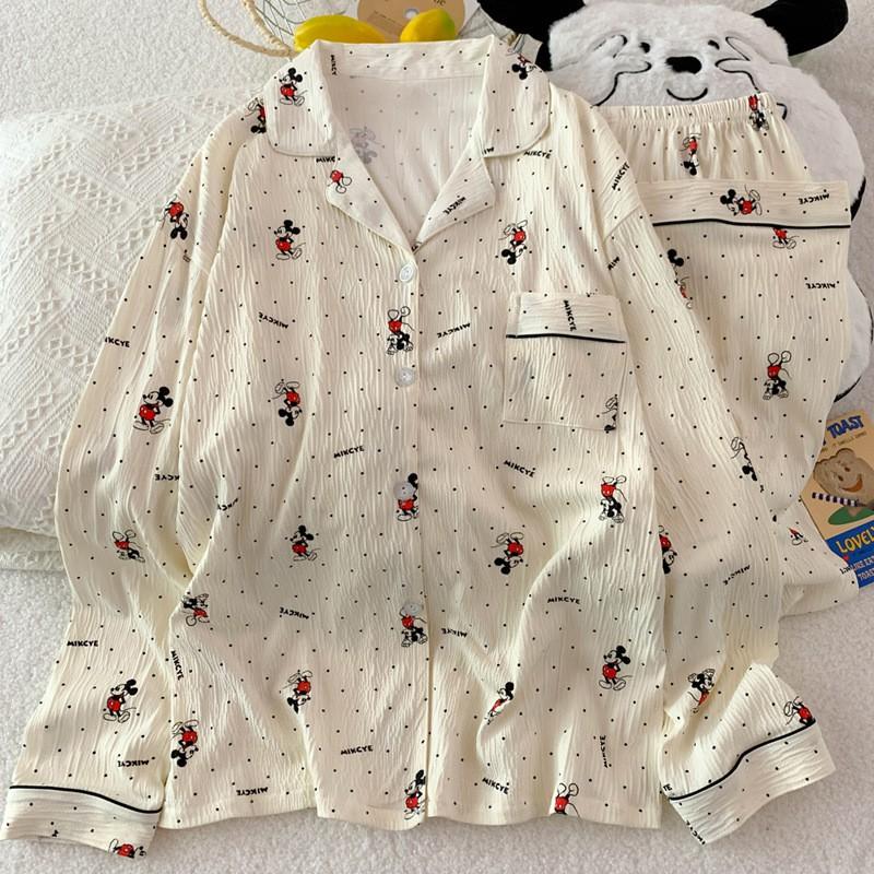 Cartoon Cute Korean Polka Dot Wrinkled Fabric Pajama Set Long Sleeve Pants Loungewear Women